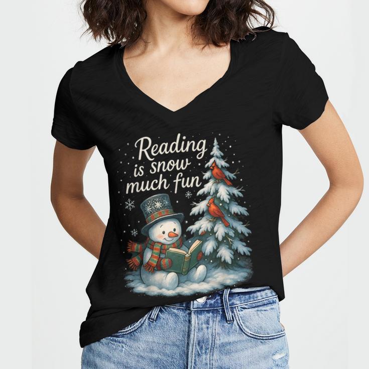 Reading Is Snow Much Fun Christmas Books Snowman Bookworm Women's Jersey Short Sleeve Deep V-Neck Tshirt