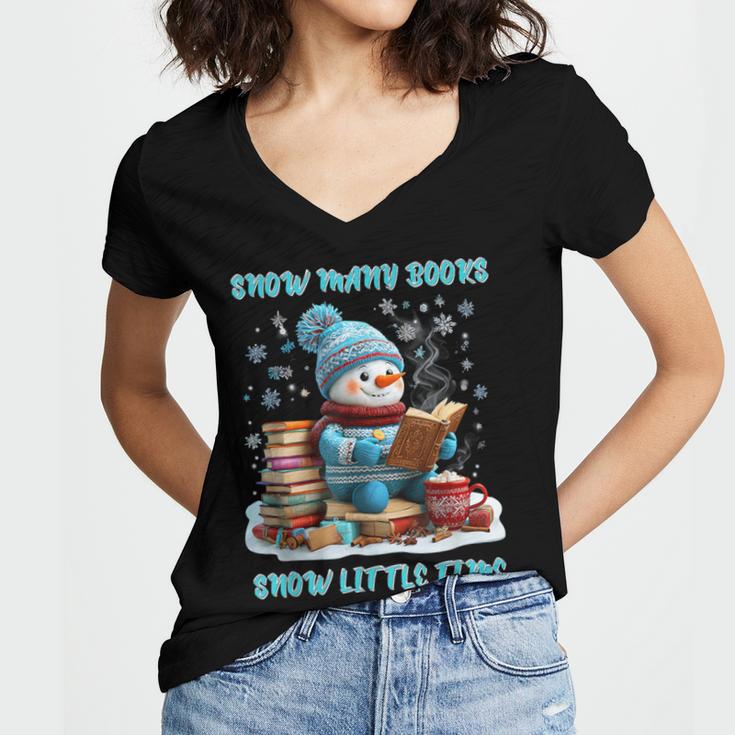 Reading Snow So Many Books Christmas Snow Little Time Women's Jersey Short Sleeve Deep V-Neck Tshirt