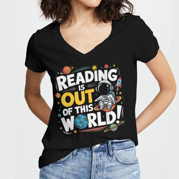 Reading Is Out Of This World Space Book Lover Kids Women's Jersey Short Sleeve Deep V-Neck Tshirt