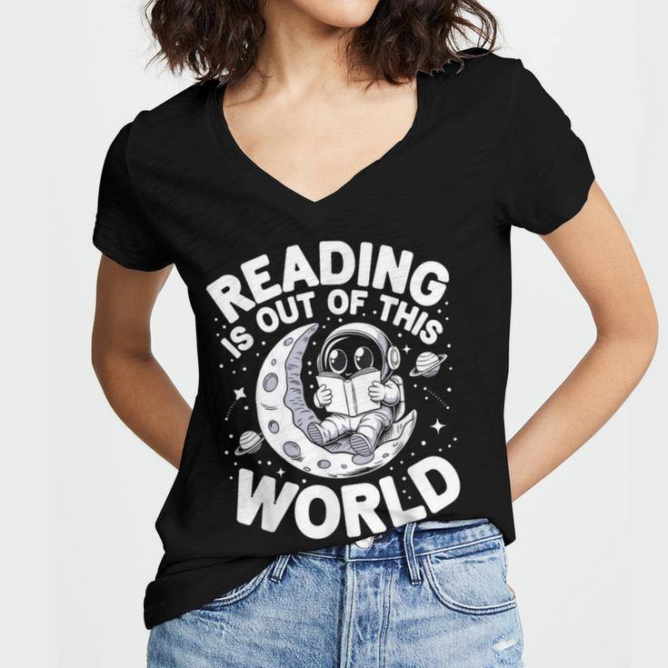 Reading Is Out Of This World Space Books Lover Women's Jersey Short Sleeve Deep V-Neck Tshirt
