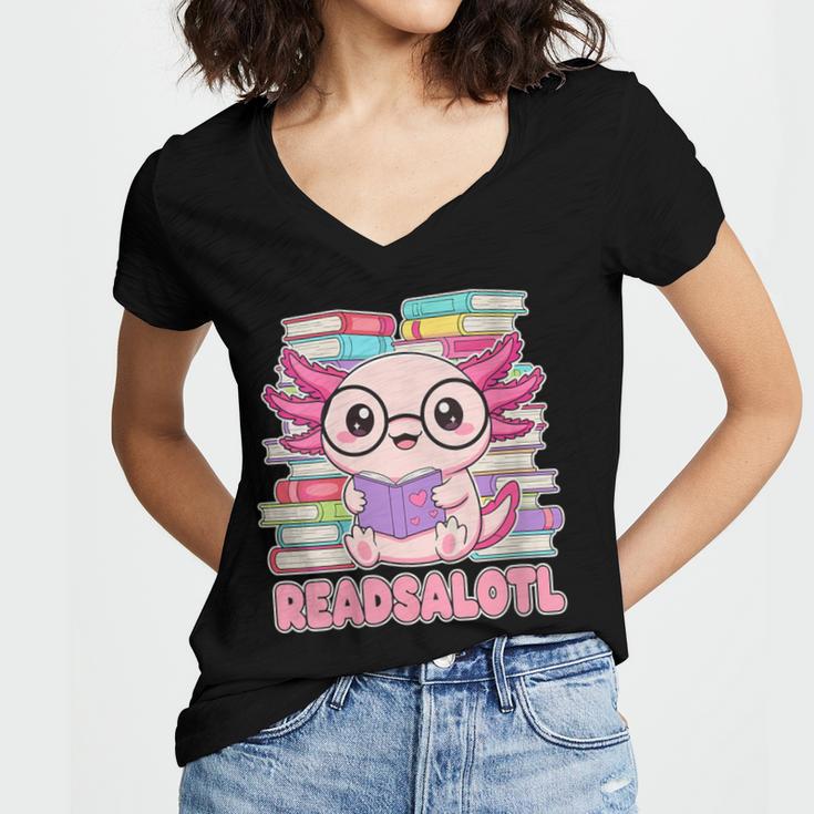 Readsalotl Axolotl Reading Book Bookworm Women's Jersey Short Sleeve Deep V-Neck Tshirt