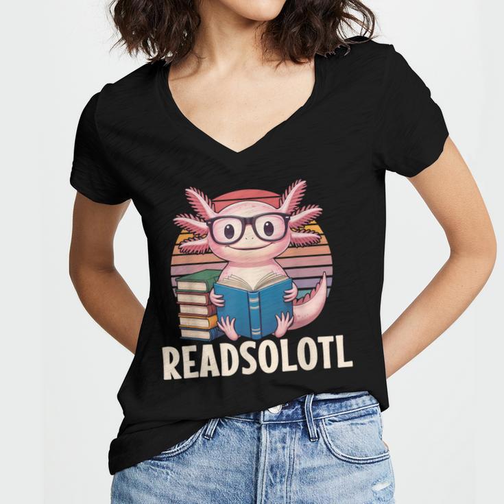 Readsolotl Axolotl Reading Book Lover Kawaii Bookworms Women's Jersey Short Sleeve Deep V-Neck Tshirt