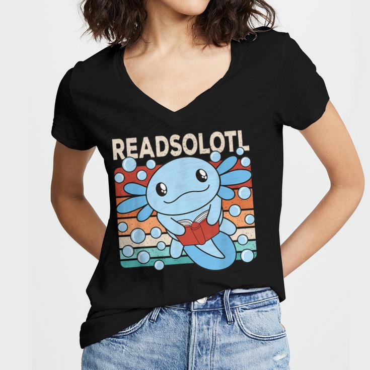 Readsolotl Blue Kawaii Axolotl Book Lover Reading Retro Women's Jersey Short Sleeve Deep V-Neck Tshirt