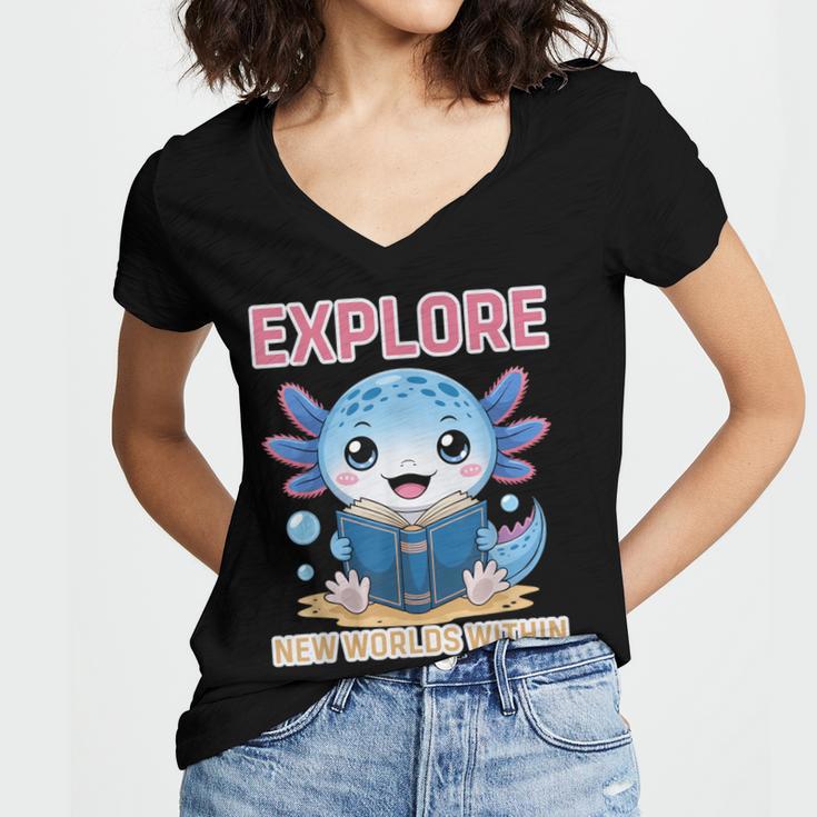 Readsolotl Kawaii Axolotl Book Lover Reading Women's Jersey Short Sleeve Deep V-Neck Tshirt