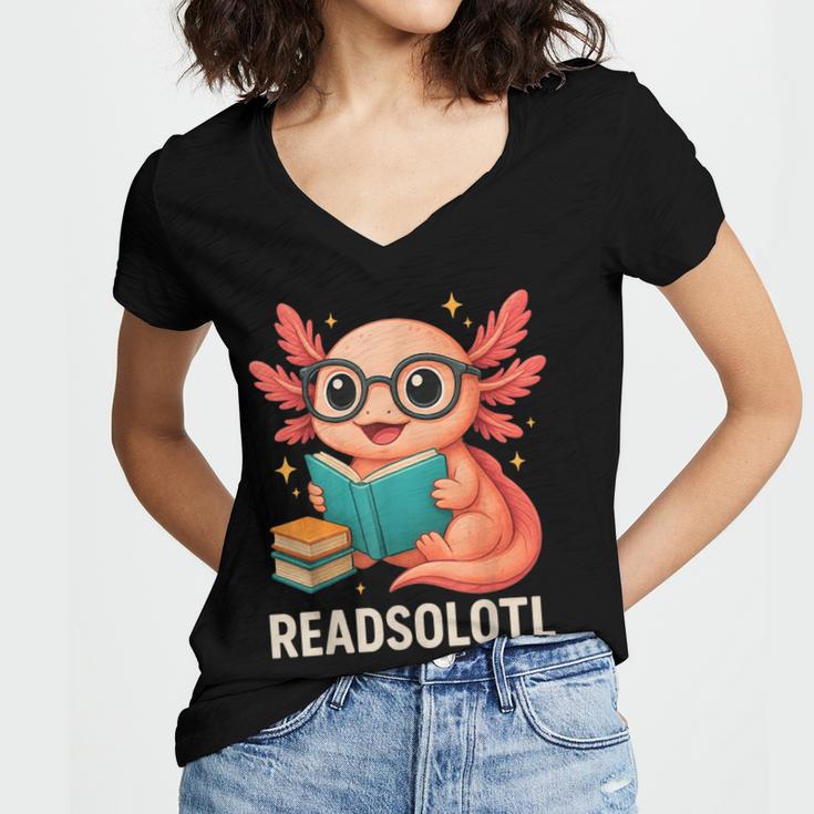 Readsolotl Kawaii Axolotl Reading Book Lover Women's Jersey Short Sleeve Deep V-Neck Tshirt Readsolotl Kawaii Axolotl Reading Book Lover Women's Jersey Short Sleeve Deep V-Neck Tshirt