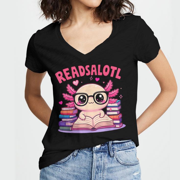 Readsolotl Pink Kawaii Axolotl Book Lover Reading Women's Jersey Short Sleeve Deep V-Neck Tshirt