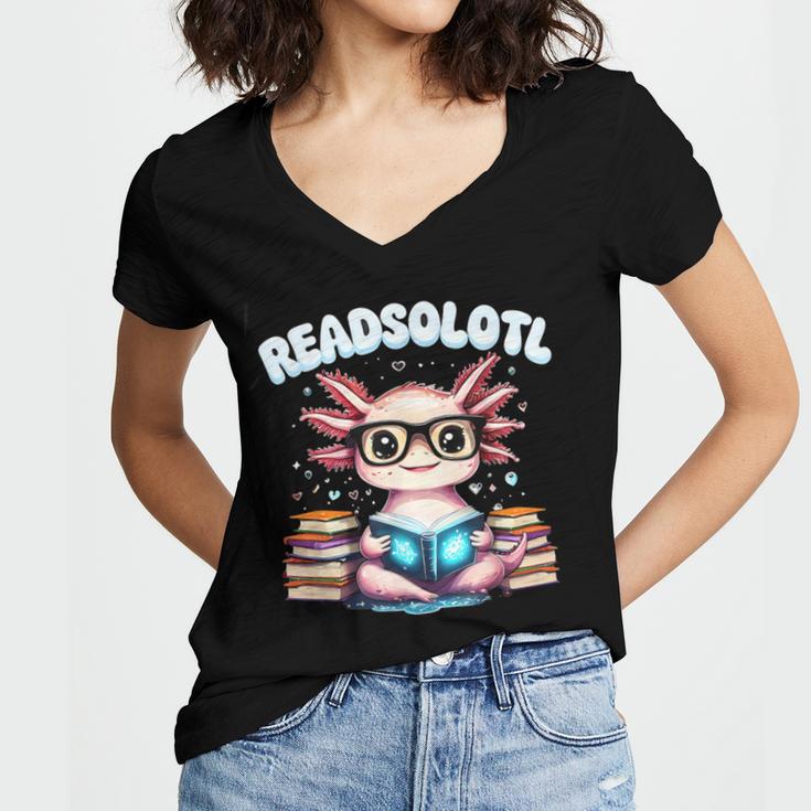 Readsolotl Pink Kawaii Axolotl Read Book Lover Reading Women's Jersey Short Sleeve Deep V-Neck Tshirt