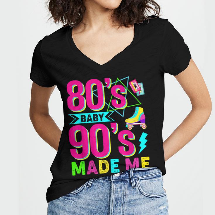 Retro 1980s 80's Baby 1990s 90's Made Me Nostalgia Vibes Women's Jersey Short Sleeve Deep V-Neck Tshirt