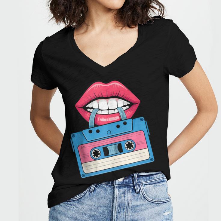 Retro 80s And 90s Cassette Perfect For Nostalgia Women's Jersey Short Sleeve Deep V-Neck Tshirt