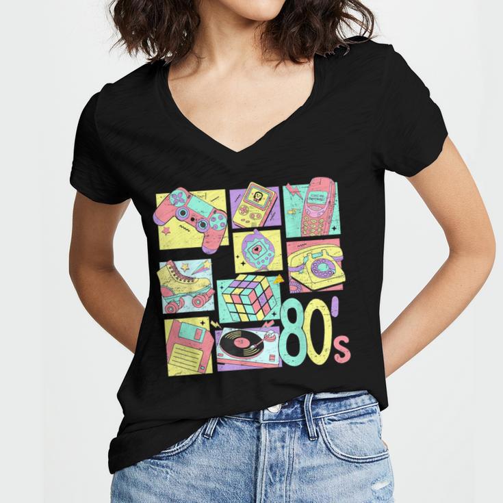 Retro 80s Nostalgia 1980s Throwback Party Costume Women's Jersey Short Sleeve Deep V-Neck Tshirt Retro 80s Nostalgia 1980s Throwback Party Costume Women's Jersey Short Sleeve Deep V-Neck Tshirt