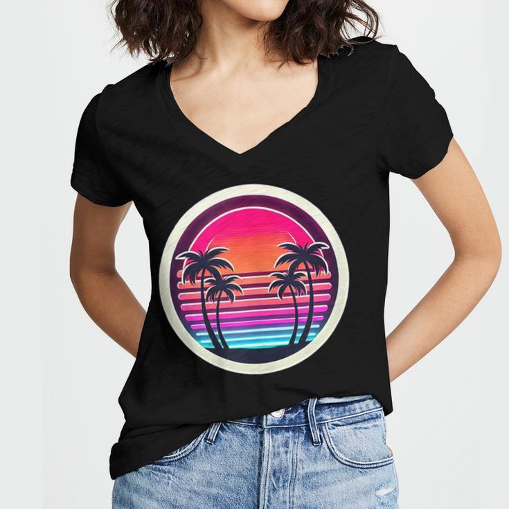 Retro 80s Synthwave Sunset & Palm Trees Retro Nostalgia 80s Women's Jersey Short Sleeve Deep V-Neck Tshirt Retro 80s Synthwave Sunset & Palm Trees Retro Nostalgia 80s Women's Jersey Short Sleeve Deep V-Neck Tshirt