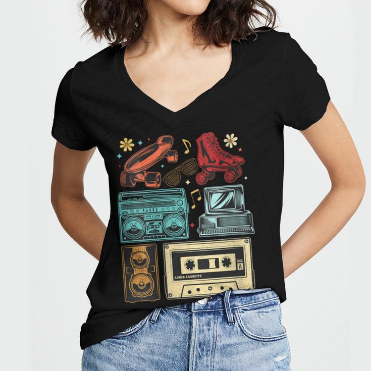 Retro Cassette 70s 80s 90s Music Vintage Party Nostalgia Women's Jersey Short Sleeve Deep V-Neck Tshirt