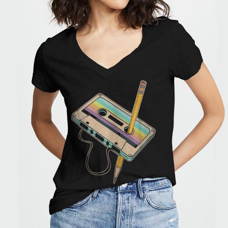 Retro Cassette And Pencil 80s 90s Nostalgia Music Lover Women's Jersey Short Sleeve Deep V-Neck Tshirt