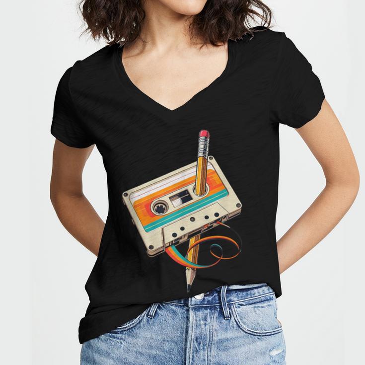 Retro Cassette Tape & Pencil Rewind Nostalgia Party 80s 90s Women's Jersey Short Sleeve Deep V-Neck Tshirt