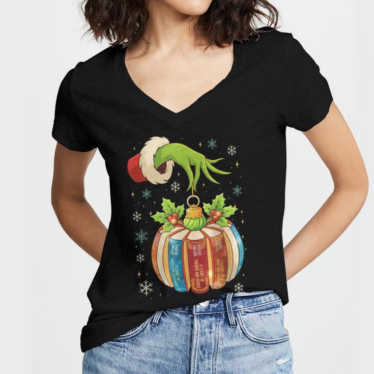 Retro Christmas Ornament Book Christmas Teacher Librarian Women's Jersey Short Sleeve Deep V-Neck Tshirt