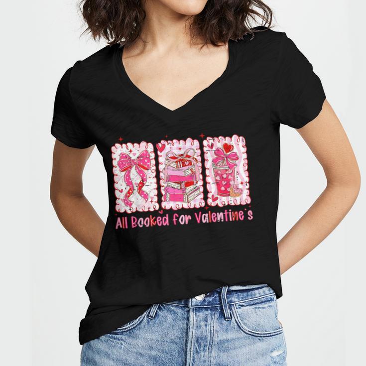 Retro Coquette Bow All Booked For Valentines Book Lover Cute Women's Jersey Short Sleeve Deep V-Neck Tshirt