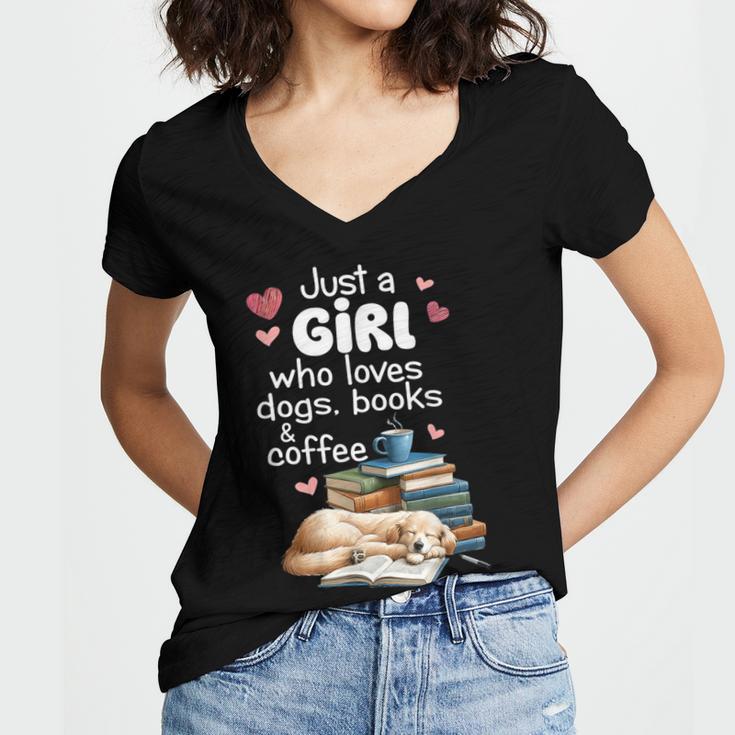 Retro Just A Girl Who Love Dogs Books And Coffee Bookworm Women's Jersey Short Sleeve Deep V-Neck Tshirt Retro Just A Girl Who Love Dogs Books And Coffee Bookworm Women's Jersey Short Sleeve Deep V-Neck Tshirt