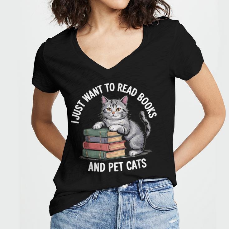 Retro I Just Want To Read Books And Pet Cats Women's Jersey Short Sleeve Deep V-Neck Tshirt