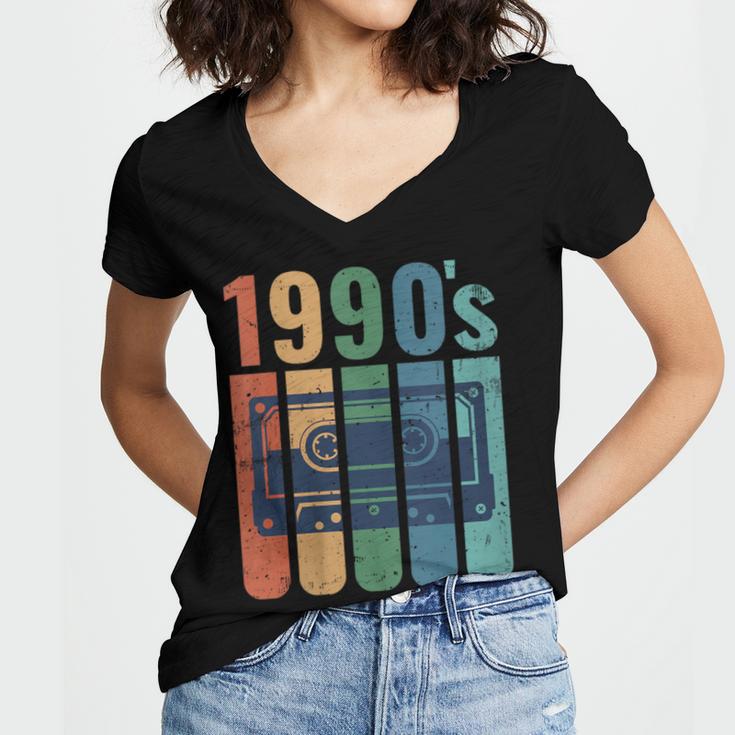 Retro Nineties Style Audio Tape Nostalgia Year 1990 Women's Jersey Short Sleeve Deep V-Neck Tshirt