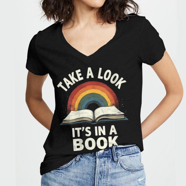 Retro Rainbow Take A Look It's In A Book Reading Women's Jersey Short Sleeve Deep V-Neck Tshirt Retro Rainbow Take A Look It's In A Book Reading Women's Jersey Short Sleeve Deep V-Neck Tshirt