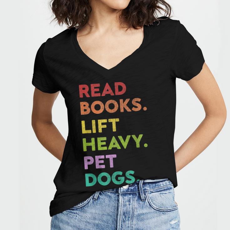 Retro Read Books Lift Heavy Pet Dogs Gym Book Lover Women's Jersey Short Sleeve Deep V-Neck Tshirt