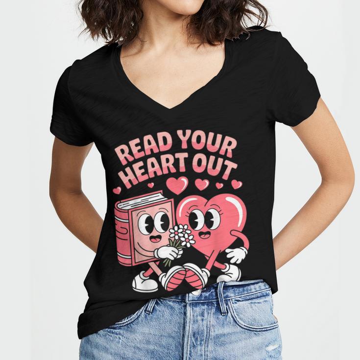 Retro Read Your Heart Out Valentine's Day Teacher Book Lover Women's Jersey Short Sleeve Deep V-Neck Tshirt