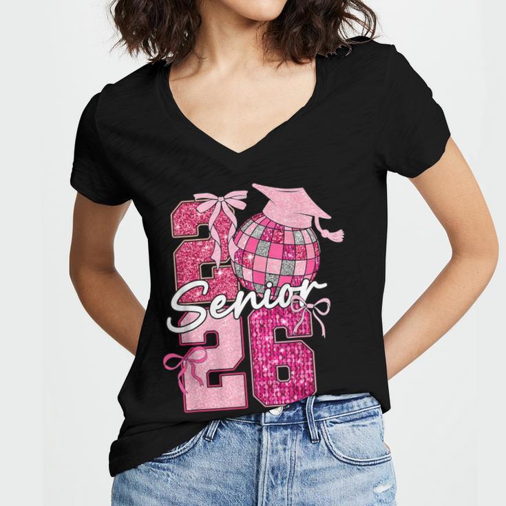 Retro Senior 2026 Coquette Bow Graduation Class Of 2026 Women's Jersey Short Sleeve Deep V-Neck Tshirt
