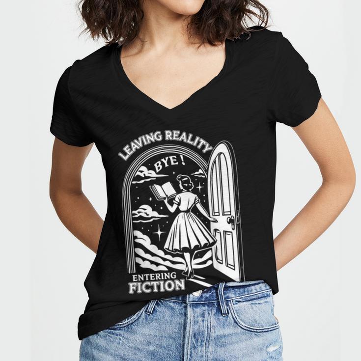 Retro Trendy Bookish Book Lover Reading Quotes Leaving Reality Entering Fiction -Adults Small Short Sleeve T-Shirt Women's Jersey Short Sleeve Deep V-Neck Tshirt