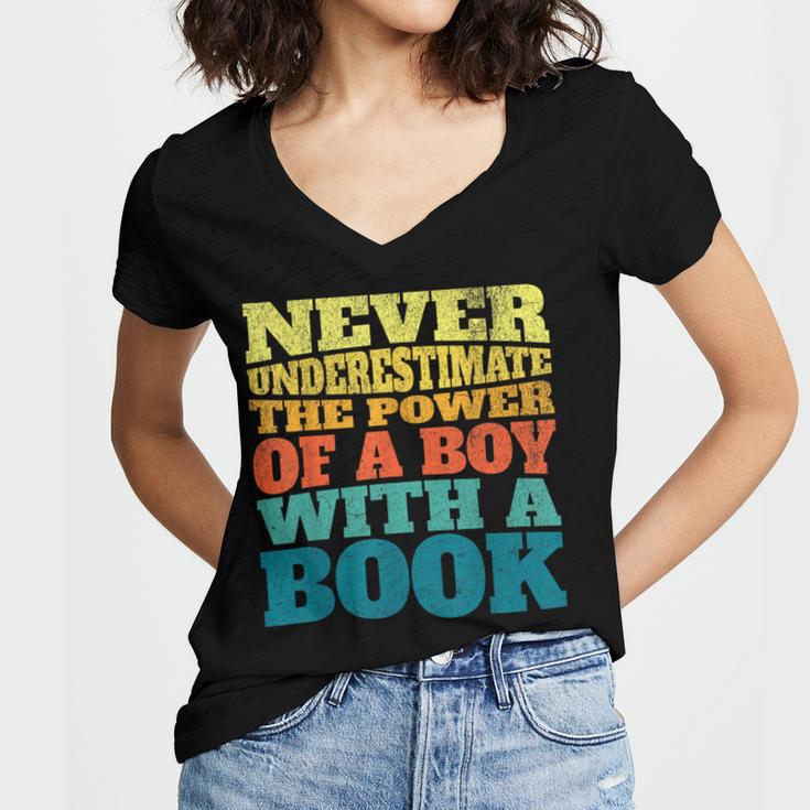 Retro Never Underestimate The Power Of a Boy With a Book Women's Jersey Short Sleeve Deep V-Neck Tshirt