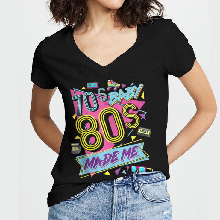 Retro Vintage 70's Baby 80's Made Me Nostalgia Classic Women's Jersey Short Sleeve Deep V-Neck Tshirt