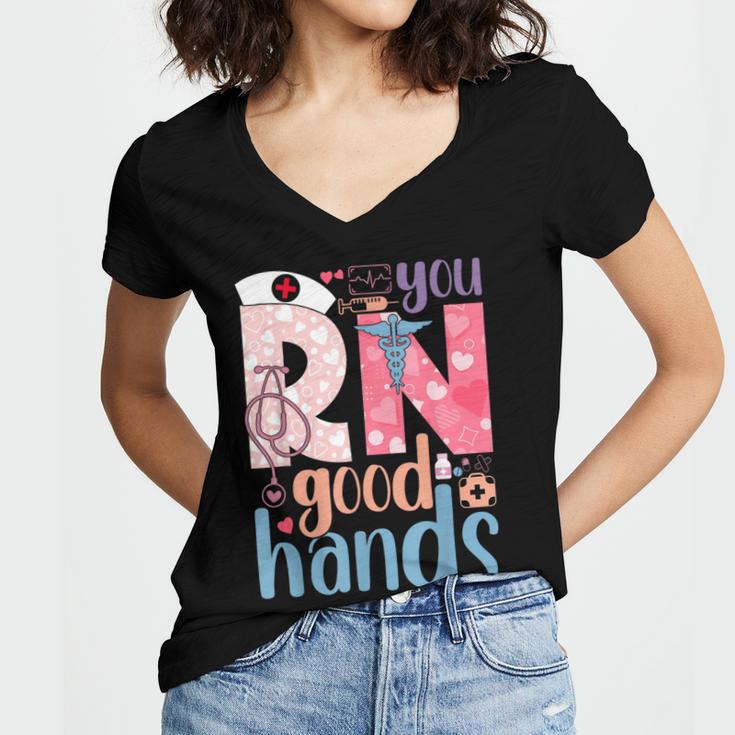You RN Good Hands Cute Nurse Nursing Student Graduation Women's Jersey Short Sleeve Deep V-Neck Tshirt