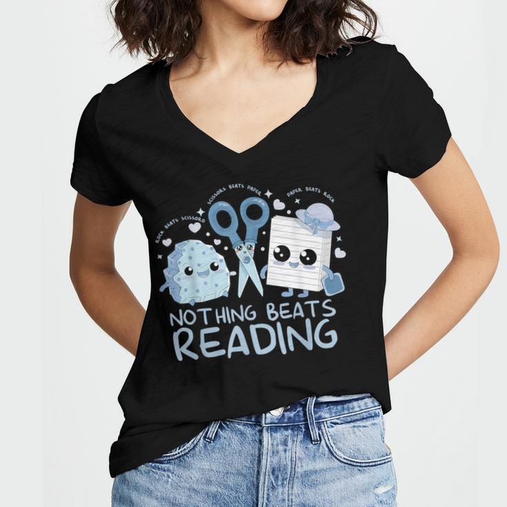 Rock Paper Scissors Nothing Beats Reading Book Lover Women's Jersey Short Sleeve Deep V-Neck Tshirt
