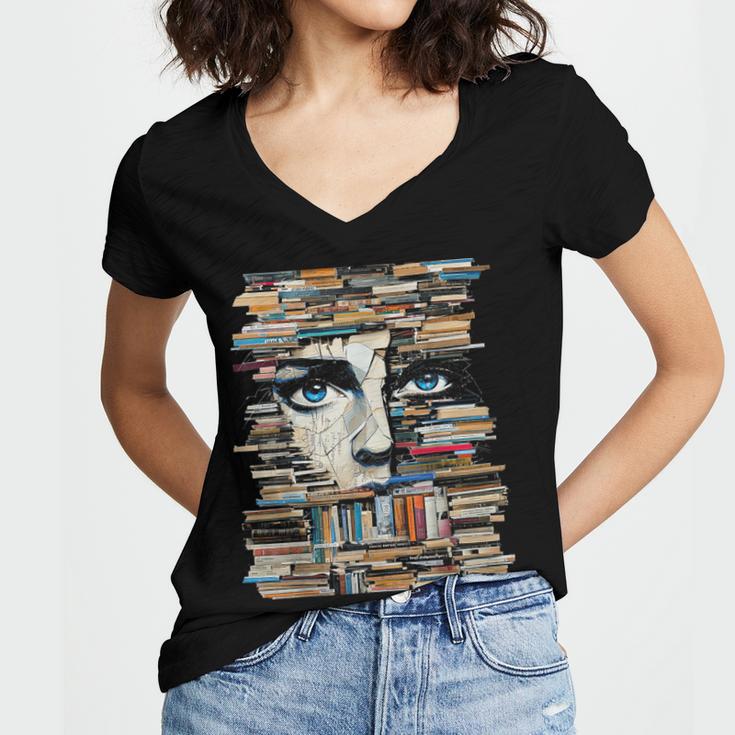 RtY Book Man Graphic Eyes Colorful Art Small Women's Jersey Short Sleeve Deep V-Neck Tshirt