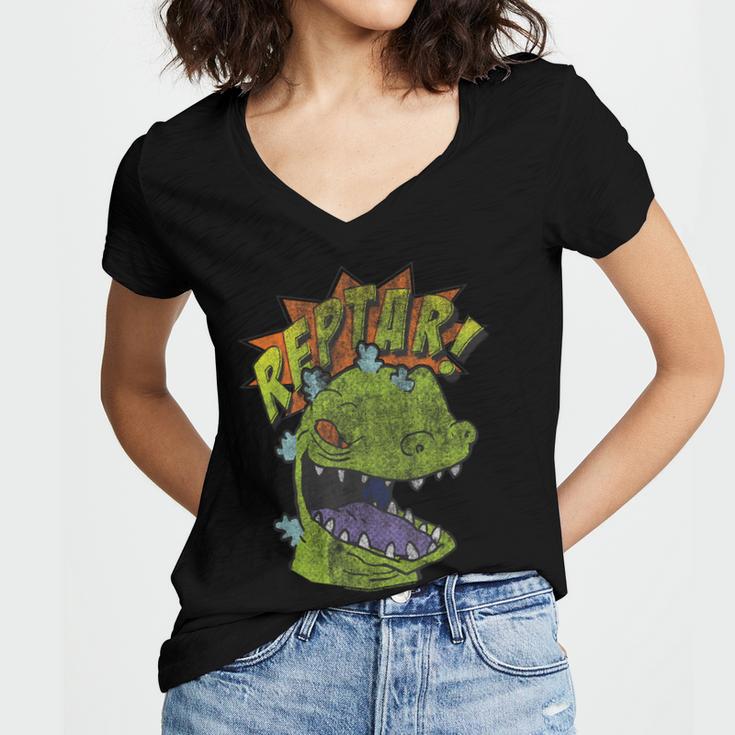 Rugrats Reptar Distressed Comic Book Style Cartoon Women's Jersey Short Sleeve Deep V-Neck Tshirt