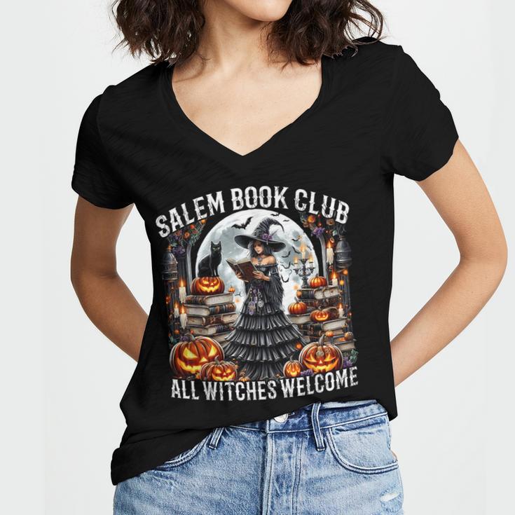 Salem Book Club Gothic Witch Vintage Halloween Art Women's Jersey Short Sleeve Deep V-Neck Tshirt