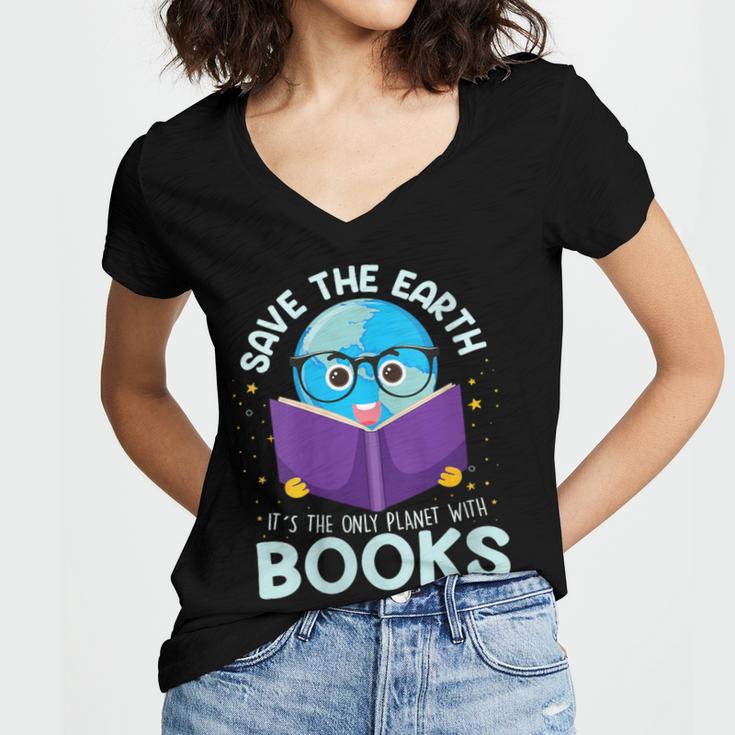 Save Earth It´s Only Planet With Books Reader Earth Day Women's Jersey Short Sleeve Deep V-Neck Tshirt
