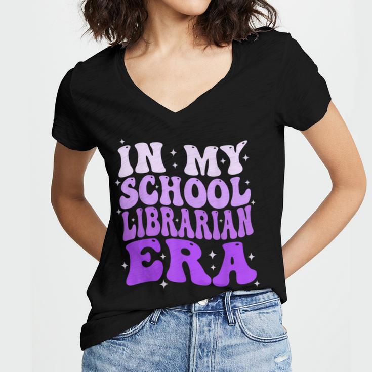 In My School Librarian Era Groovy Back To School Book Lover Women's Jersey Short Sleeve Deep V-Neck Tshirt