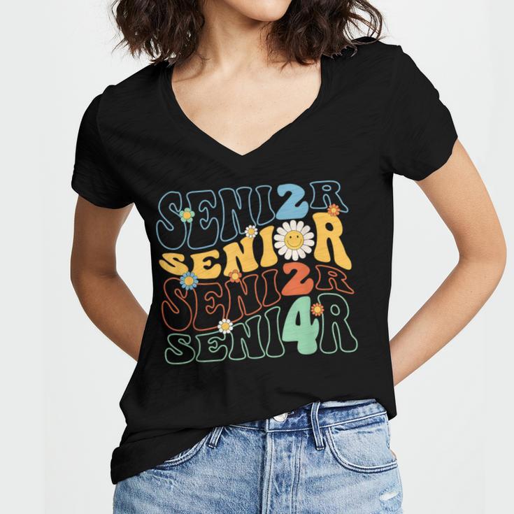 Senior 2024 Groovy Retro Class Of 2024 Graduation Senior 24 Women's Jersey Short Sleeve Deep V-Neck Tshirt