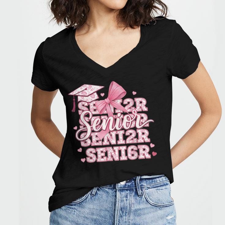 Senior 2026 Class Of 2026 Cute Coquette Pink Bow Graduation Women's Jersey Short Sleeve Deep V-Neck Tshirt