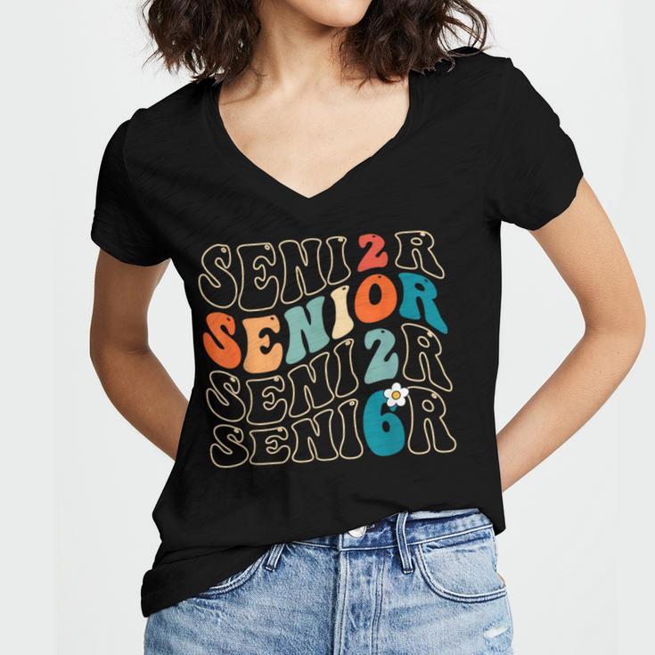 Senior 2026 Class Of 2026 Retro Groovy Graduation Grad Women Women's Jersey Short Sleeve Deep V-Neck Tshirt