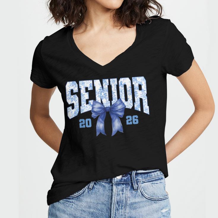 Senior 2026 Class Of 2026 Toile Coquette Bow Graduation 2026 Women's Jersey Short Sleeve Deep V-Neck Tshirt