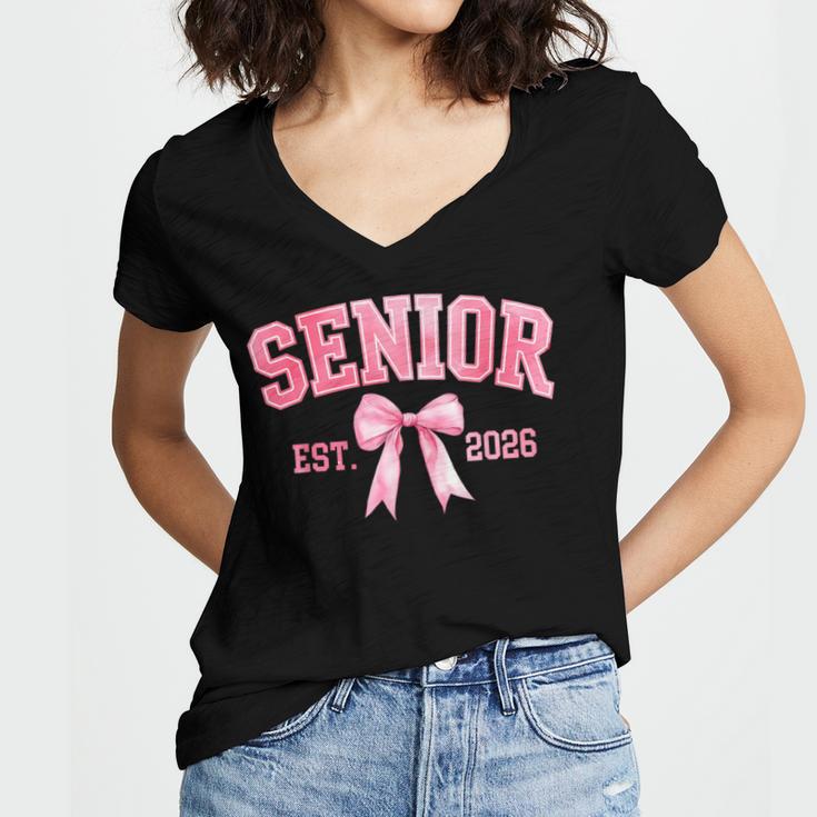 Senior 2026 Coquette Pink Bow Class Of 2026 Graduation Girls Women's Jersey Short Sleeve Deep V-Neck Tshirt