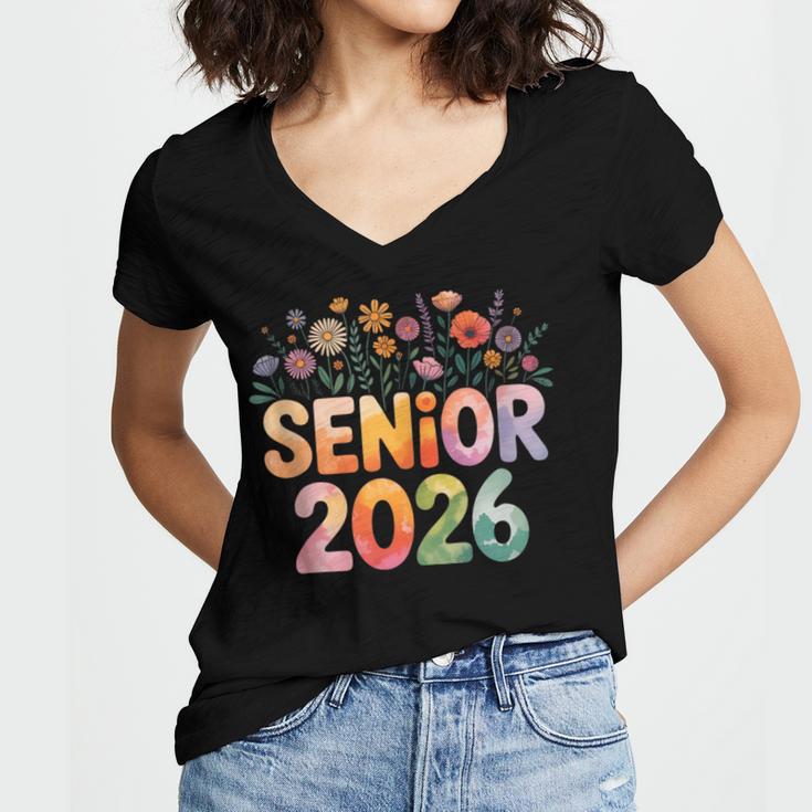 Senior 2026 Groovy Retro Grad Class Of 2026 Graduation Kids Women's Jersey Short Sleeve Deep V-Neck Tshirt