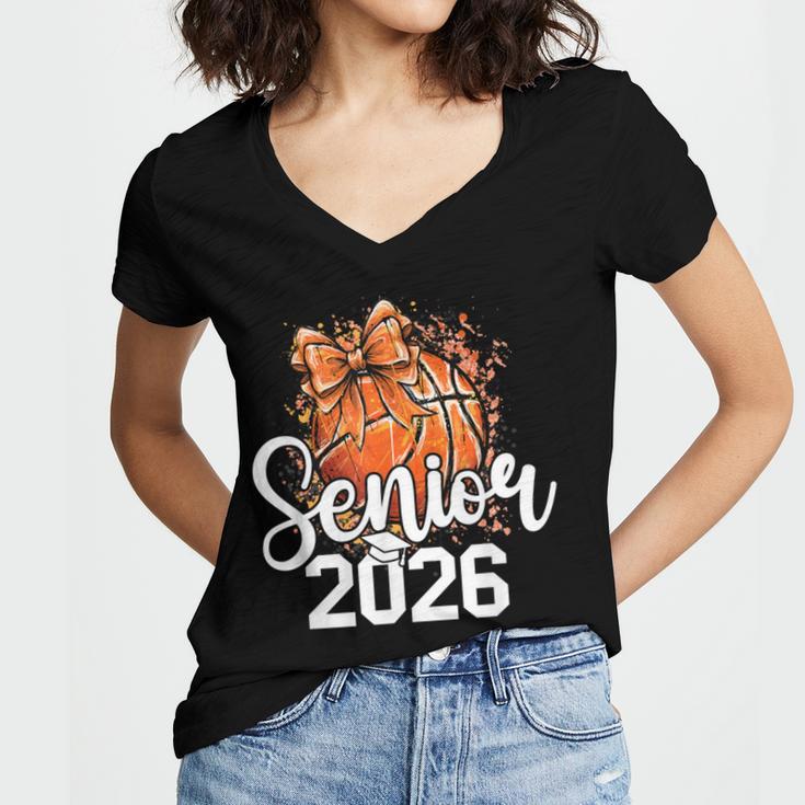 Senior Basketball Class Of 2026 Coquette Graduation Day Women's Jersey Short Sleeve Deep V-Neck Tshirt