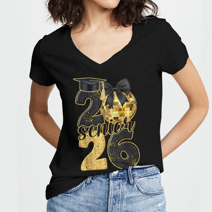 Senior Class Of 2026 Senior Girl Graduation Cap Coquette Bow Women's Jersey Short Sleeve Deep V-Neck Tshirt