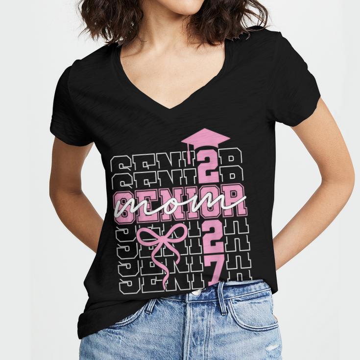 Senior Mom 2027 Class Of 2027 Coquette Bow Graduation 2027 Women's Jersey Short Sleeve Deep V-Neck Tshirt