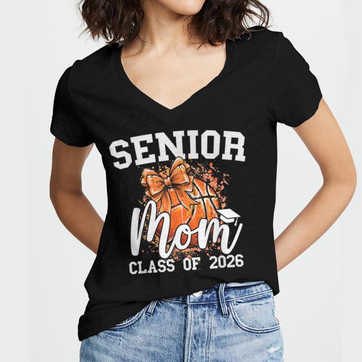Senior Mom Class Of 2026 Coquette Bow Basketball Graduation Women's Jersey Short Sleeve Deep V-Neck Tshirt