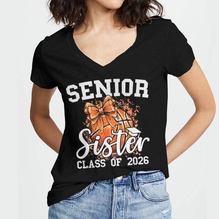 Senior Sister Class Of 2026 Coquette Basketball Graduation Women's Jersey Short Sleeve Deep V-Neck Tshirt