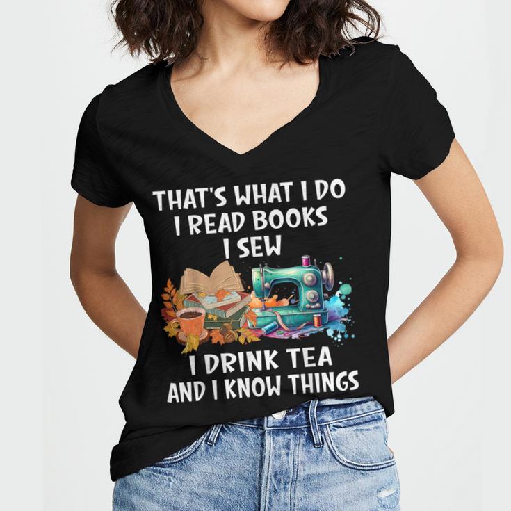 Sewing Reading Books Drinking Tea Sew Sewist Women's Jersey Short Sleeve Deep V-Neck Tshirt