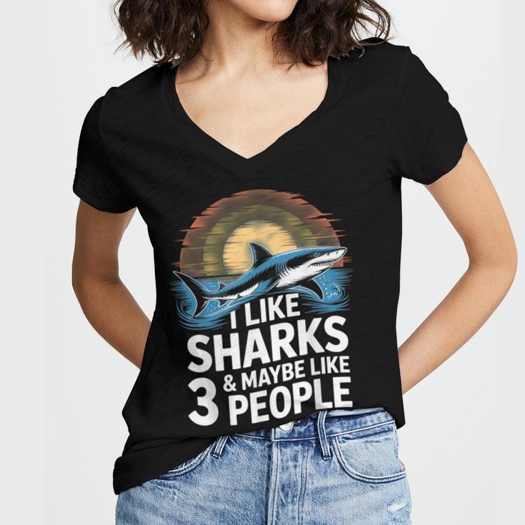 I Like Sharks & Maybe Like 3 People Humor Introverts Summer Women's Jersey Short Sleeve Deep V-Neck Tshirt